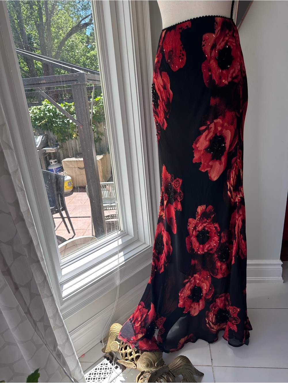 VINTAGE 90s Bias Cut Beaded Black Maxi Skirt Red Floral Print Mermaid Small Med